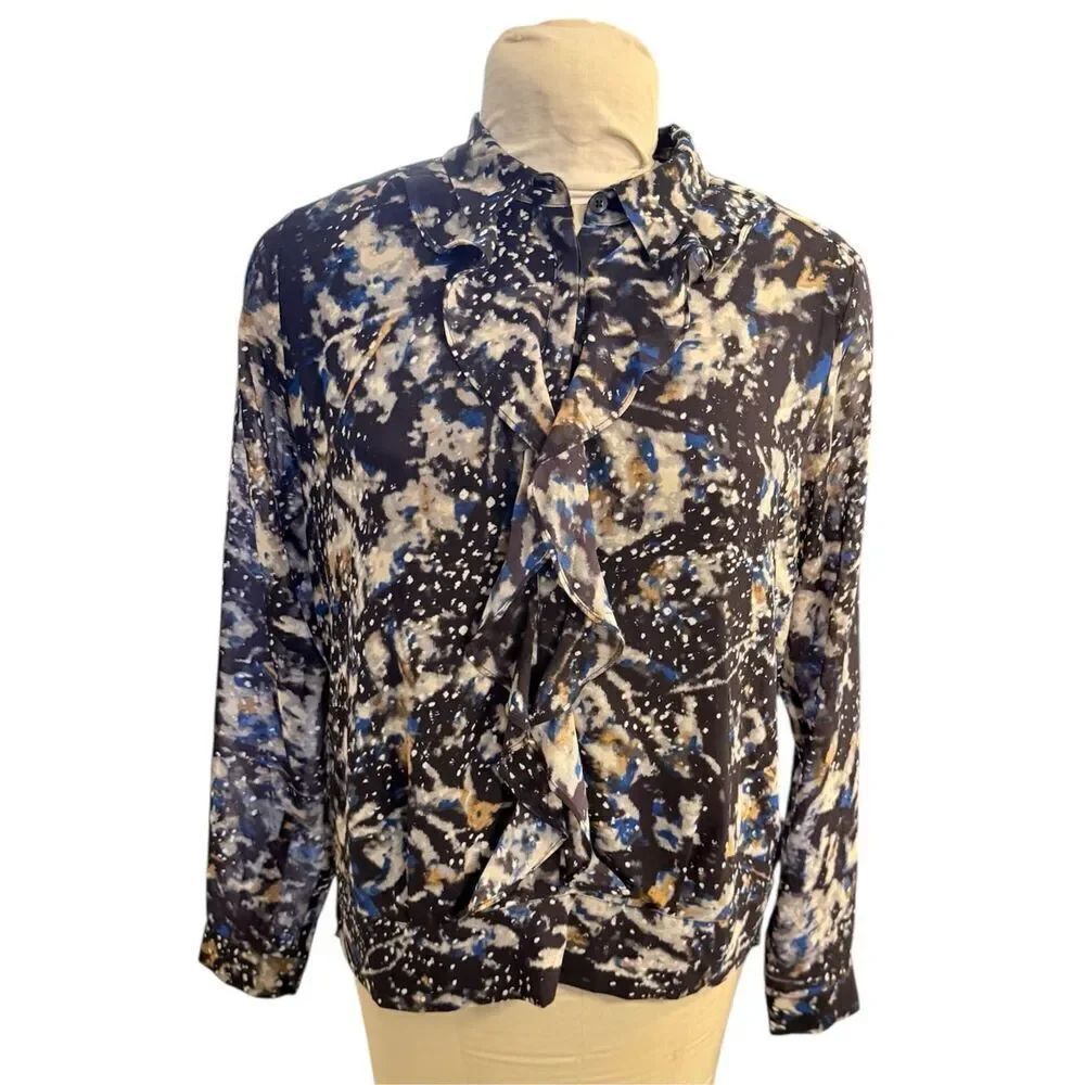 CAbi Starry Night Blue Ruffle Front Blouse Small
